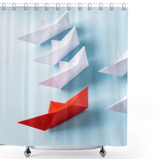 Personality  Top View Of Unique Red Paper Boat Among White On Blue Shower Curtains