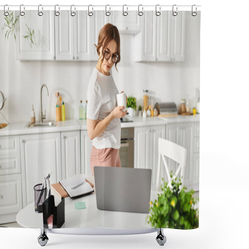 Personality  Middle-aged Woman Holding Cup Of Coffee In Cozy Kitchen. Shower Curtains