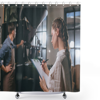 Personality  Selective Focus Of Woman Checking Colleagues Work During Coffee Roasting Process Shower Curtains