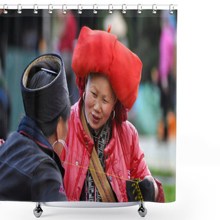 Personality  Red Dao Woman With A Turban Sewing In The Sapa Market, Vietnam Shower Curtains