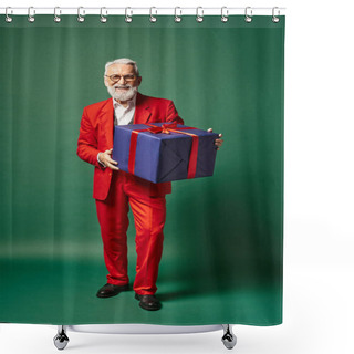 Personality  Good Looking Man Dressed Like Santa Posing With Huge Present On Green Backdrop, Winter Concept Shower Curtains