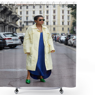 Personality  MILAN, ITALY - SEPTEMBER 25, 2021: Tamu McPherson With Pale Yellow, Long Coat, Electric Blue Dress And Green Pointed Shoes Before Salvatore Ferragamo Fashion Show, Milan Fashion Week Street Style Shower Curtains