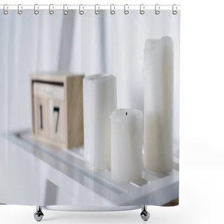 Personality  Three White Candles On White Shelf Shower Curtains