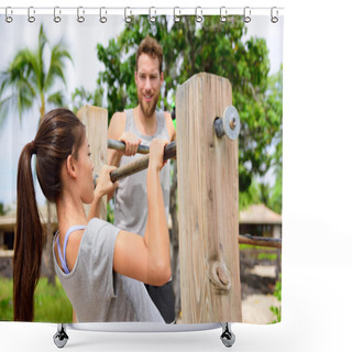 Personality  Fitness Couple Training On Chin-up Bar Shower Curtains