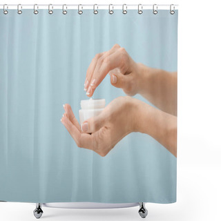 Personality  Female Hands With Natural Cream On Grey Background Shower Curtains