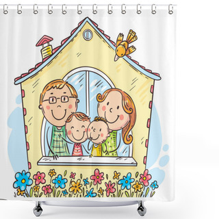 Personality  Happy Cartoon Family In The House, Vector Illustration Shower Curtains