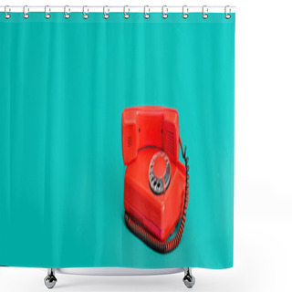Personality  Retro Landline Telephone On Turquoise Background With Copy Space, Banner Shower Curtains