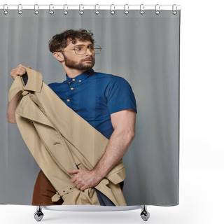 Personality  Man In Glasses Holding Trench Coat, Grey Backdrop, Stylish Male Model Looking Away, Smart Casual Shower Curtains