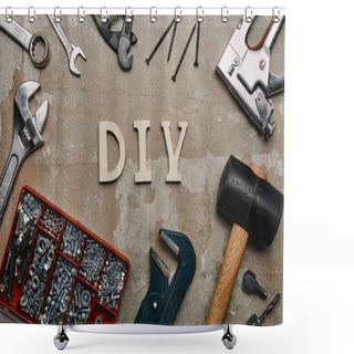 Personality  Top View Of Do It Yourself Sign And Various Carpentry Tools Arranged On Old  Surface Background  Shower Curtains