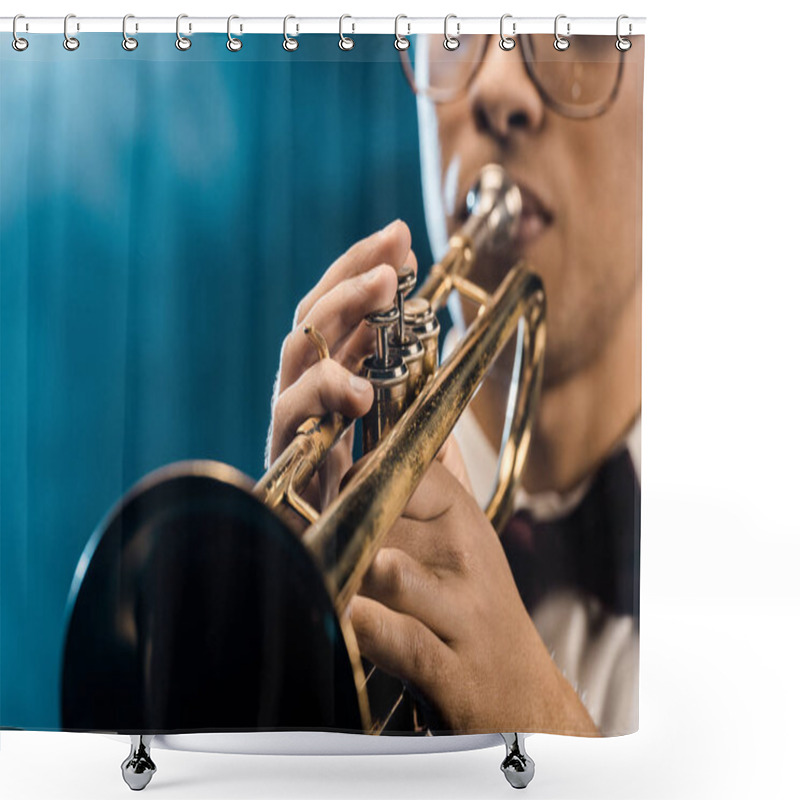 Personality  Cropped Shot Of Male Musician Playing On Trumpet On Stage With Dramatic Lighting And Smoke Shower Curtains