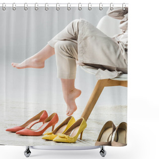 Personality  Cropped View Of Barefoot Girl Sitting On Chair Near Collection Of Shoes On Grey Background Shower Curtains