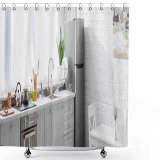 Personality  Modern Kitchen With Cooking Utensils And Household, Banner Shower Curtains