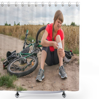 Personality  Woman With Pain In Knee After Falling Down From Bicycle Shower Curtains
