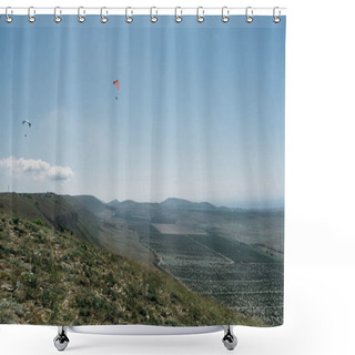 Personality  Parachutes In The Sky Over Field In Hillside Area Of Crimea, Ukraine, May 2013 Shower Curtains