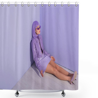 Personality  Young Woman Dressed In Doll Style Sitting On Floor On Violet Colorful Background Shower Curtains