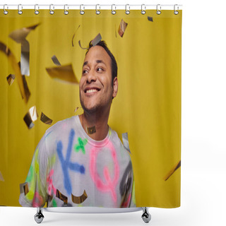 Personality  Pleased Indian Man In T-shirt Smiling Near Falling Confetti On Yellow Backdrop, Party Concept Shower Curtains