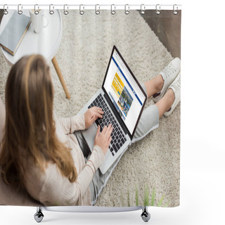 Personality  High Angle View Of Woman At Home Sitting On Floor And Using Laptop With Booking Website On Screen Shower Curtains