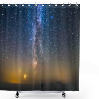 Personality  Landscape With Milky Way Galaxy And Man Standing Against The Stars, Freedom Concept Shower Curtains