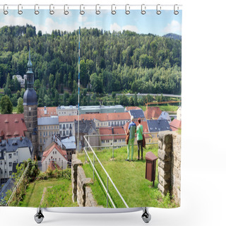 Personality  Tourists At Schlossbastei Looking At Bad Schandau In Saxon Switzerland Shower Curtains