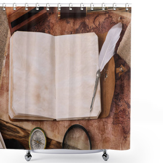 Personality  Open Copy Book With Blank Pages And Nib On Old World Map Shower Curtains