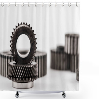 Personality  Selective Focus Of Metal Round Gears On White Background Shower Curtains