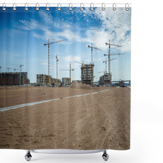 Personality  Construction Of A Residential Complex By The Sea. The Progress Of Construction Of The Residential Complex Morskaya Embankment. Houses In The Sand By The Water. Russia, St. Petersburg, June 9, 2020 Shower Curtains