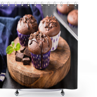 Personality  Chocolate Muffins On Wooden Serving Board Shower Curtains