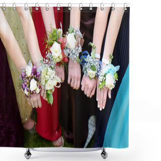 Personality  Girls Holding Arms Out With Corsage Flowers For Prom Shower Curtains