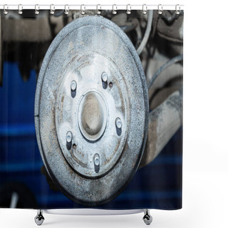 Personality  Close-up Of A Car Hub, Drum Brakes, Brake Pads, Brake Disc Prepared For Repair. Work At The Tire Workshop Shower Curtains
