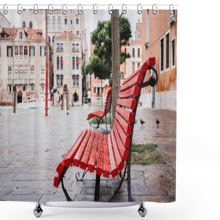 Personality  Selective Focus Of Red Bench And Ancient Buildings On Background In Venice, Italy  Shower Curtains