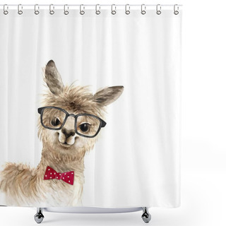 Personality  Alpaca Cute Animal In Black Glasses And A Red Bow Tie, Watercolor Illustration On White Background Shower Curtains