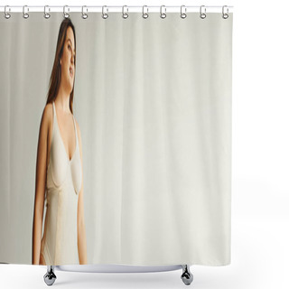 Personality  Happy Plus Size Woman With Natural Makeup Posing In Beige Bodysuit While Standing In Studio On Grey Background, Body Positive, Figure Type, Self-esteem, Smiling While Looking Away, Banner  Shower Curtains