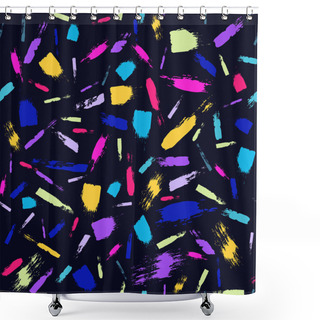 Personality  Vector Colorful Seamless Pattern With Brush Strokes . Pink Blue Yellow Green Color On Black Background. Hand Painted Grange Texture Ink Elements. Fashion Modern Style. Fantasy Chaotic Collage Shower Curtains