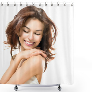 Personality  Beauty Woman. Beautiful Young Female Touching Her Skin Shower Curtains