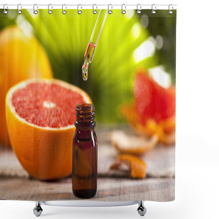 Personality  Grapefruit Essential Oil On Green Leaves Background Shower Curtains