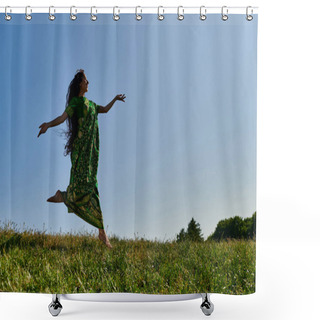 Personality  Free Minded Indian Woman In Sari Running On Green Meadow Under Blue Sky, Happy Summer Shower Curtains
