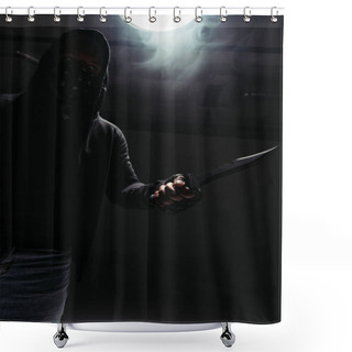 Personality  Silhouette Of African American Hooligan With Obscure Face Holding Knife On Black Background With Smoke  Shower Curtains