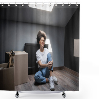 Personality  Cheerful African American Woman In Eyeglasses Sitting Near Carton Boxes On Attic In New House Shower Curtains