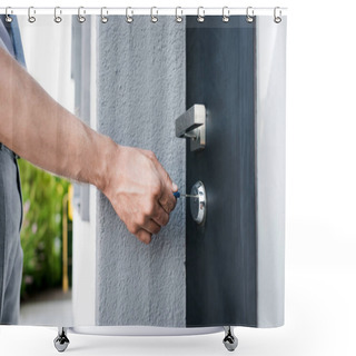 Personality  Cropped View Of Man With Key Opening Door On Blurred Background Shower Curtains