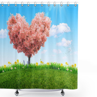 Personality  Green Grass And Spring Flowers At Backyard And Bloom Tree In Shape Of Heart Shower Curtains