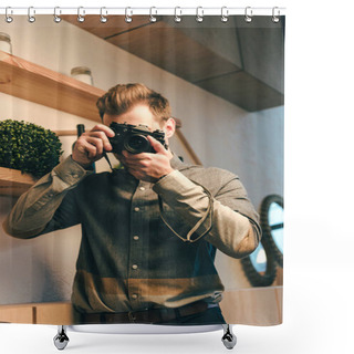 Personality  Obscured View Of Stylish Man Taking Picture On Photo Camera In Cafe Shower Curtains