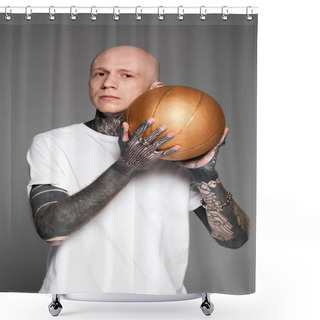 Personality  Bald Tattooed Man In White T-shirt Holding Golden Basketball Ball And Looking At Camera Isolated On Grey Shower Curtains