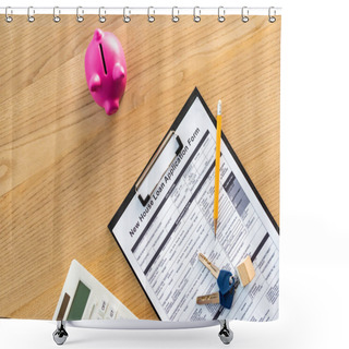 Personality  Top View Of Clipboard With New House Loan Application Form Lettering On Document Near Keys, Pencil ,pink Piggy Bank And Calculator  Shower Curtains