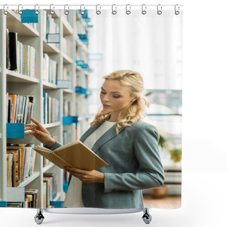 Personality  Beautiful Blonde Woman Reading Book While Standing In Library  Shower Curtains