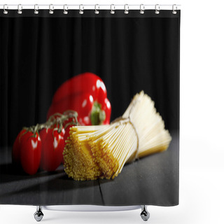 Personality  Raw Pasta And Vegetables On Black Table Shower Curtains