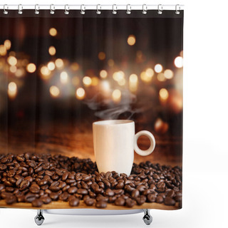 Personality  Still Life With A Steaming Espresso Cup In Front Of A Bokeh For A Coffee House Concept Shower Curtains