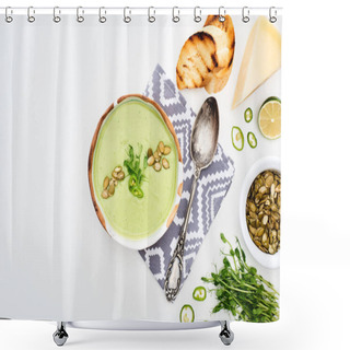Personality  Top View Of Delicious Creamy Green Vegetable Soup With Sprouts, Grilled Croutons And Pumpkin Seeds Served On Napkin Isolated On White Shower Curtains