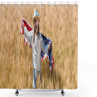 Personality  Panoramic Shot Of Cute And Happy Kid Holding American Flag In Field  Shower Curtains