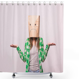 Personality  Unhappy Woman With Sad Emoticon In Front Of Paper Bag On Her Head On White Background Shower Curtains