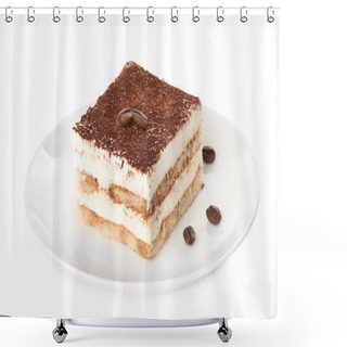 Personality  Plate Of Tiramisu Cake Isolated On White Shower Curtains